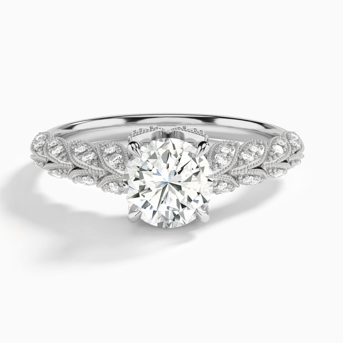 Round Laurel Diamond Engageemnt Ring In 14K White Gold - Lucenjuri