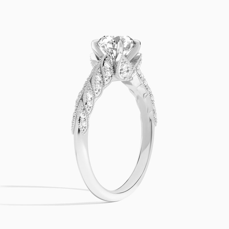 Round Laurel Diamond Engageemnt Ring In 18K White Gold, Angle View