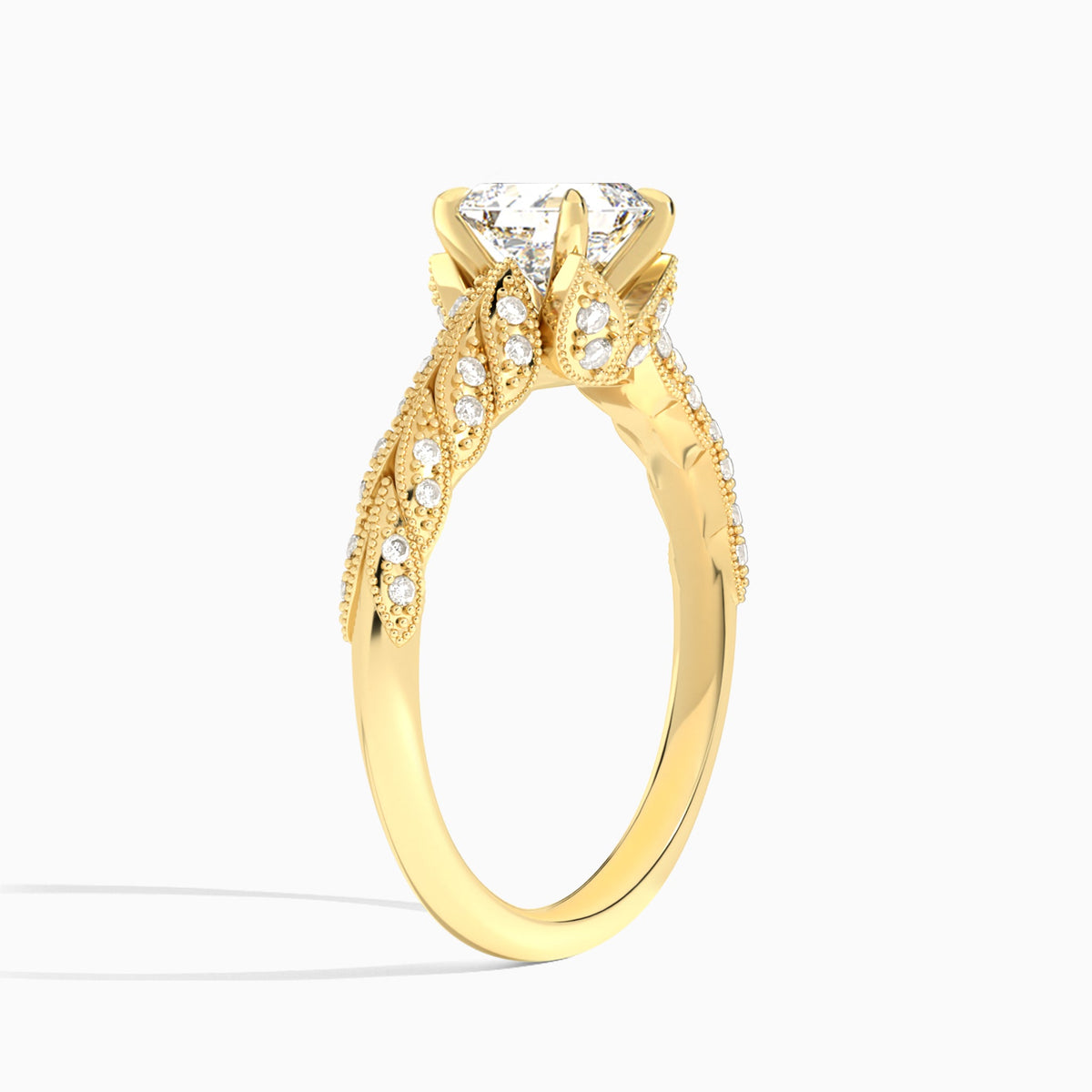 Asscher Laurel Diamond Engageemnt Ring In 18K Yellow Gold, Angle View