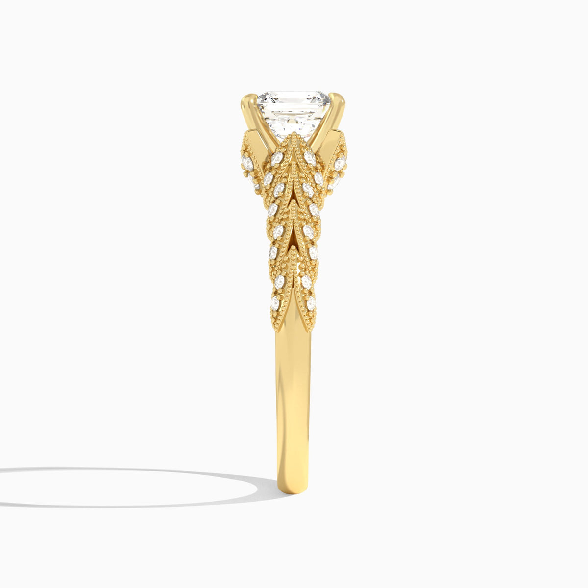 Asscher Laurel Diamond Engageemnt Ring In 18K Yellow Gold, Side View