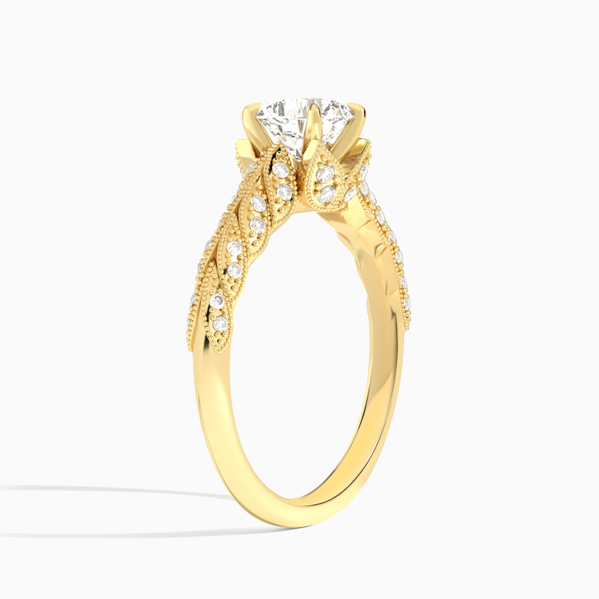 Cushion Laurel Diamond Engageemnt Ring In 18K Yellow Gold, Angle View