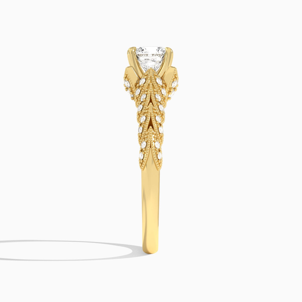 Cushion Laurel Diamond Engageemnt Ring In 14K Yellow Gold, Side View