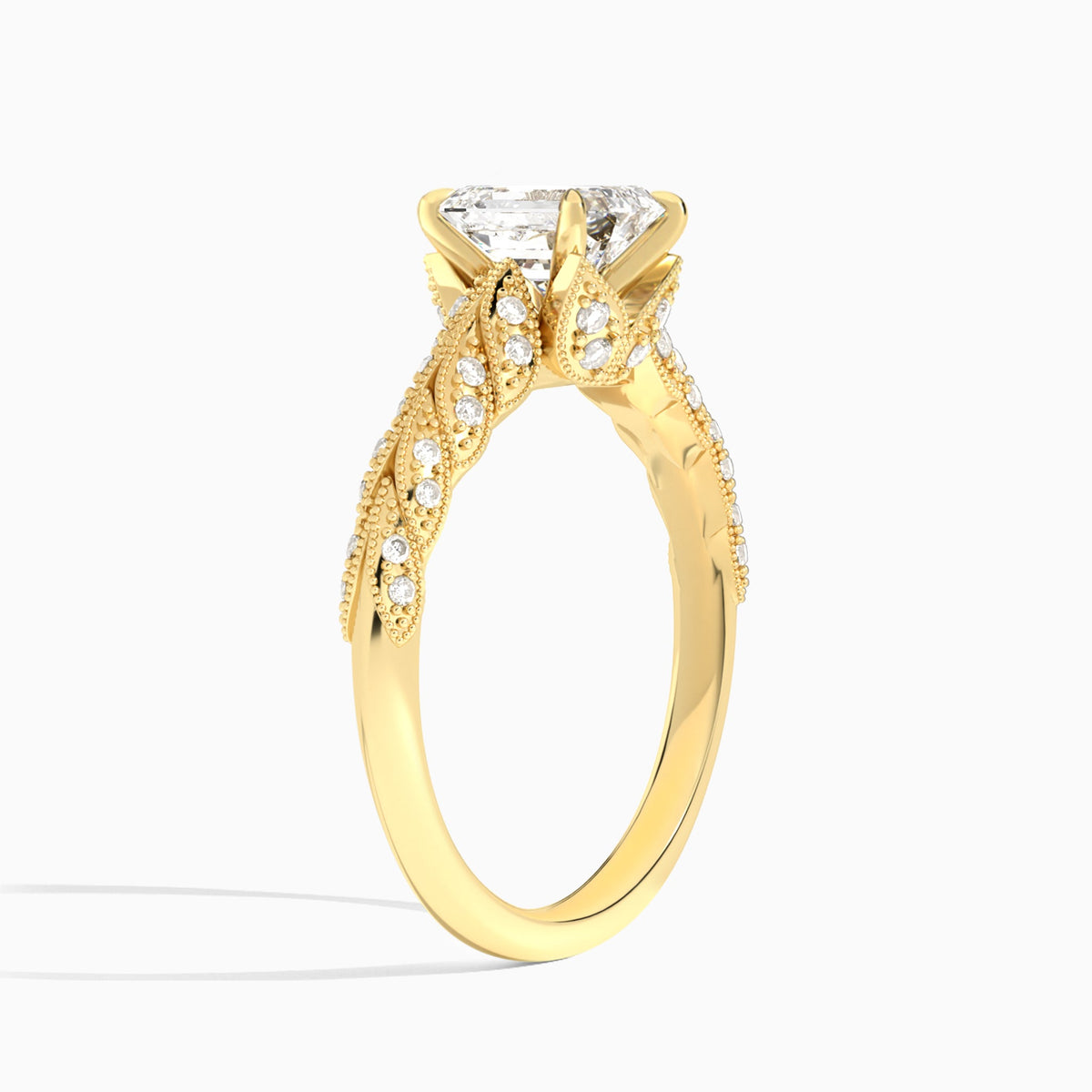 Emerald Laurel Diamond Engageemnt Ring In 18K Yellow Gold, Angle View