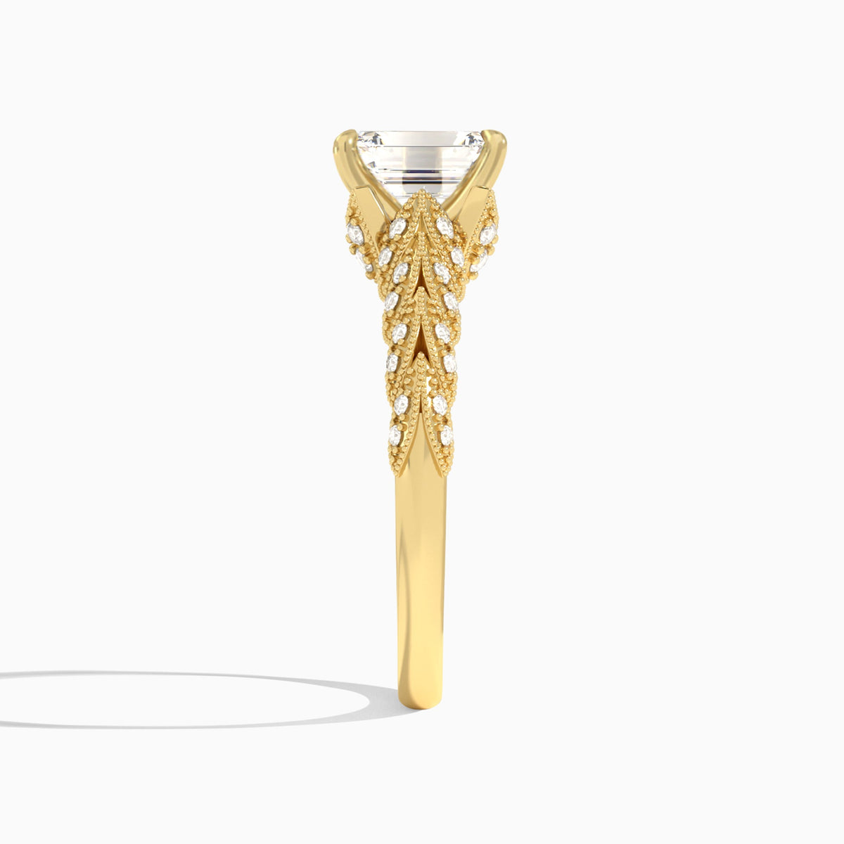 Emerald Laurel Diamond Engageemnt Ring In 14K Yellow Gold, Side View