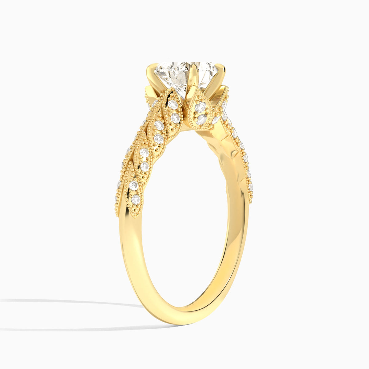 Heart Laurel Diamond Engageemnt Ring In 14K Yellow Gold, Angle View