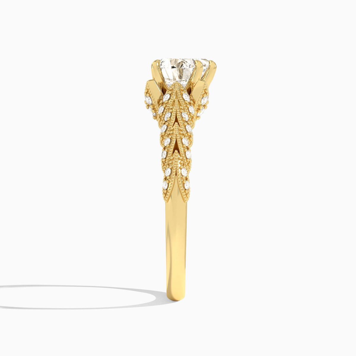 Heart Laurel Diamond Engageemnt Ring In 14K Yellow Gold, Side View