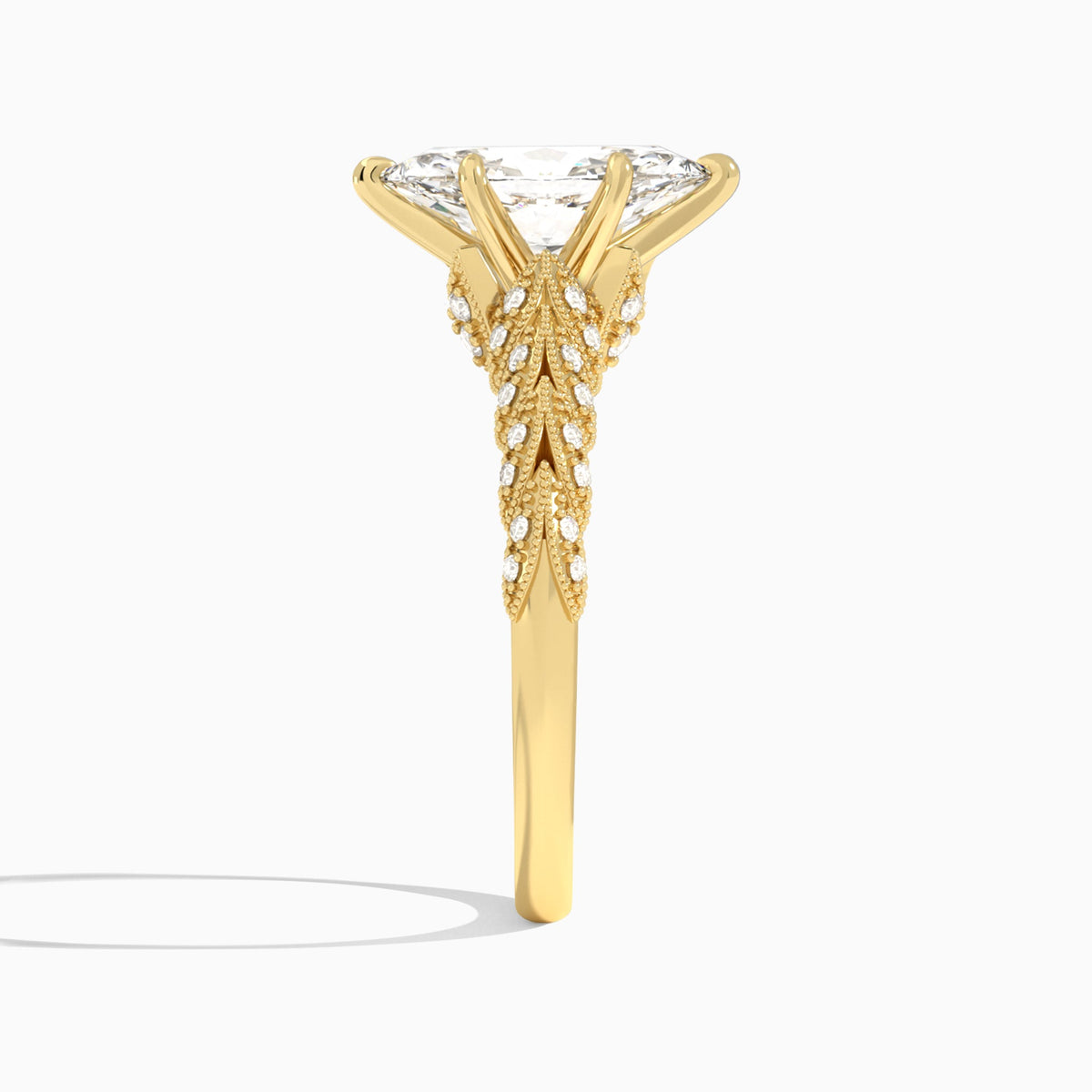 Marquise Laurel Diamond Engageemnt Ring In 18K Yellow Gold, Side View