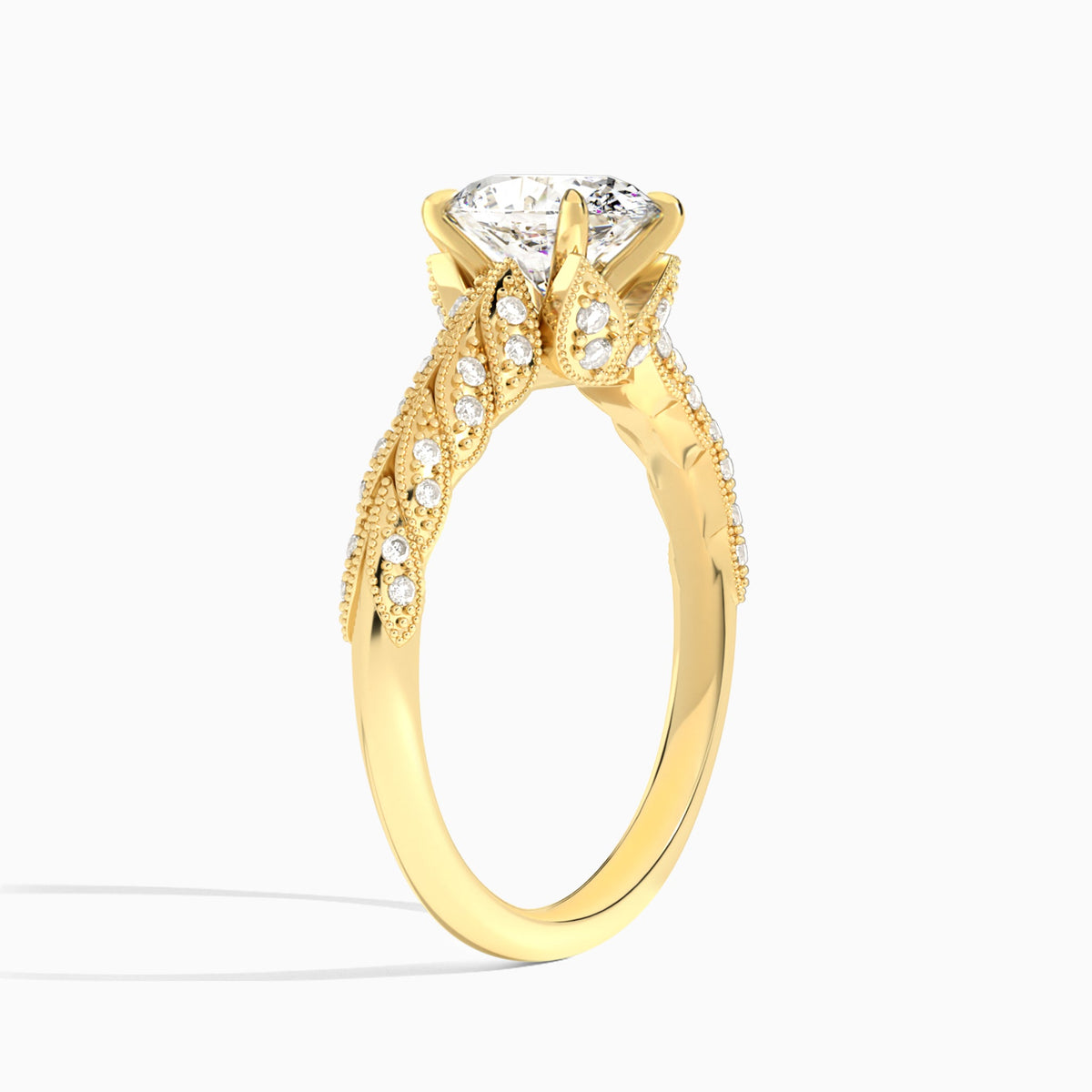 Oval Laurel Diamond Engageemnt Ring In 18K Yellow Gold, Angle View