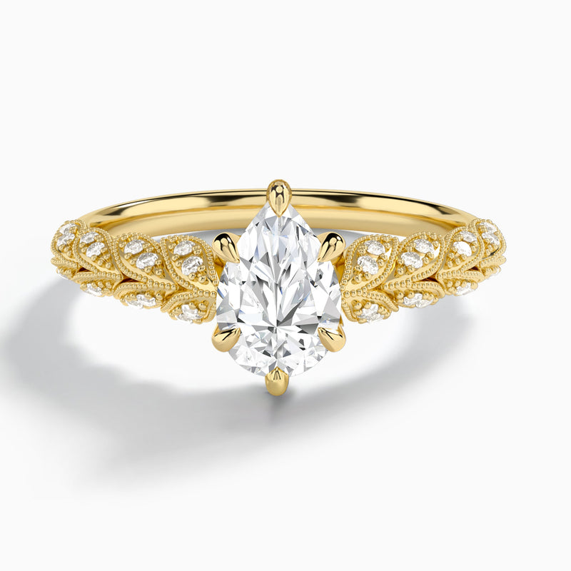 Pear Laurel Diamond Engageemnt Ring In 14K Yellow Gold - Lucenjuri