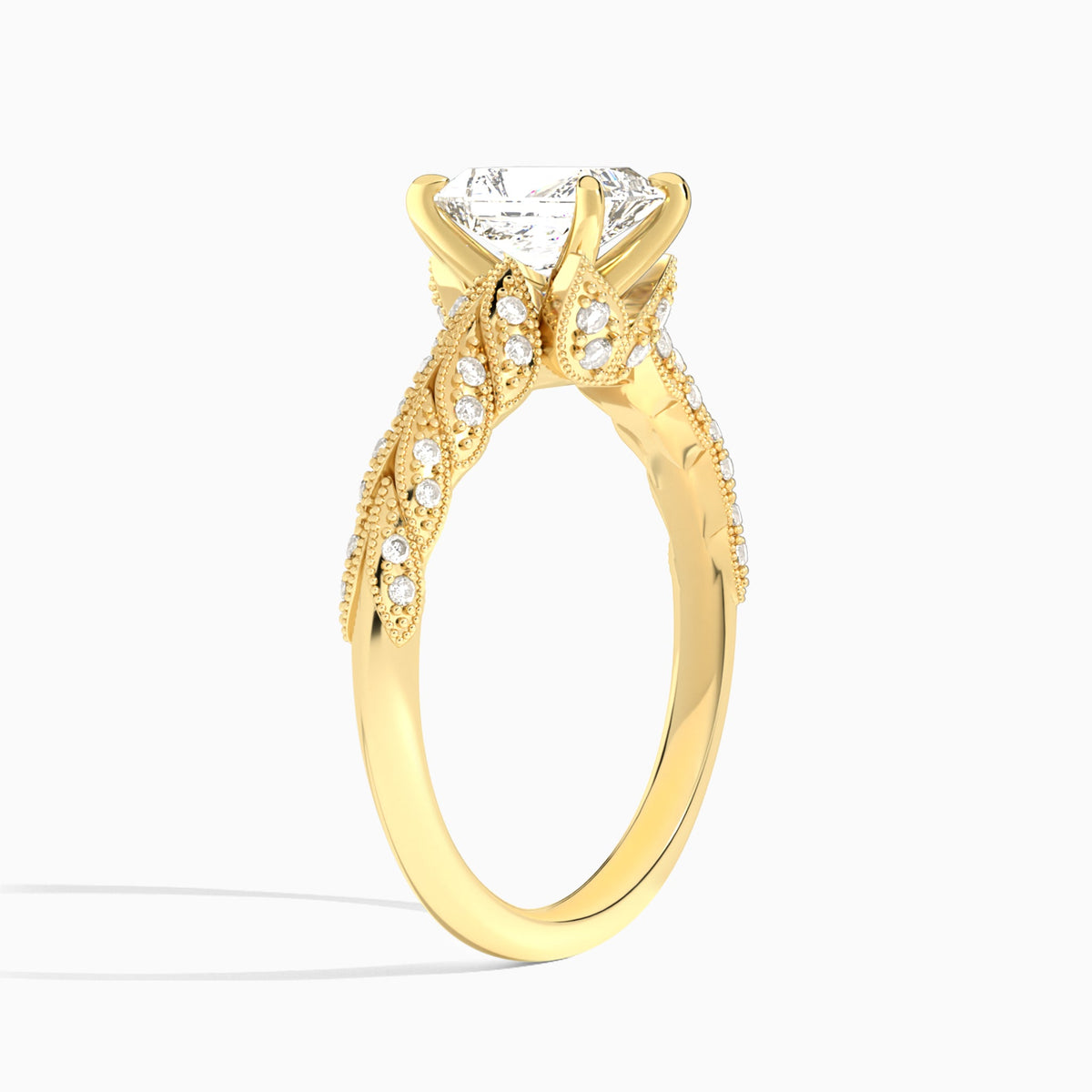 Radiant Laurel Diamond Engageemnt Ring In 18K Yellow Gold, Angle View