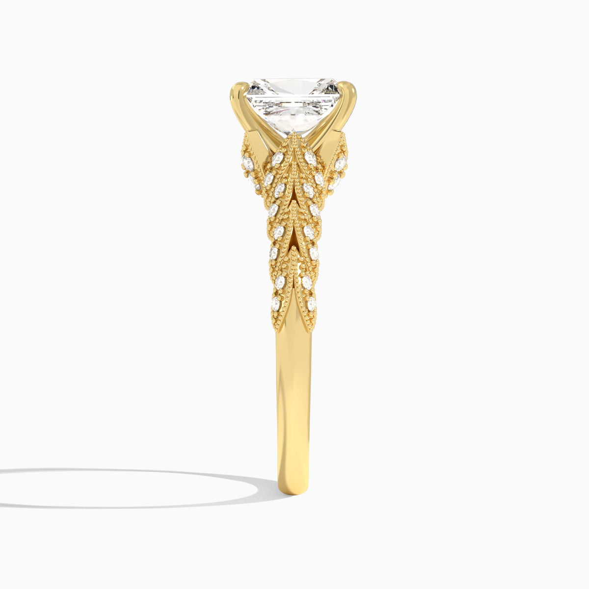 Radiant Laurel Diamond Engageemnt Ring In 18K Yellow Gold, Side View