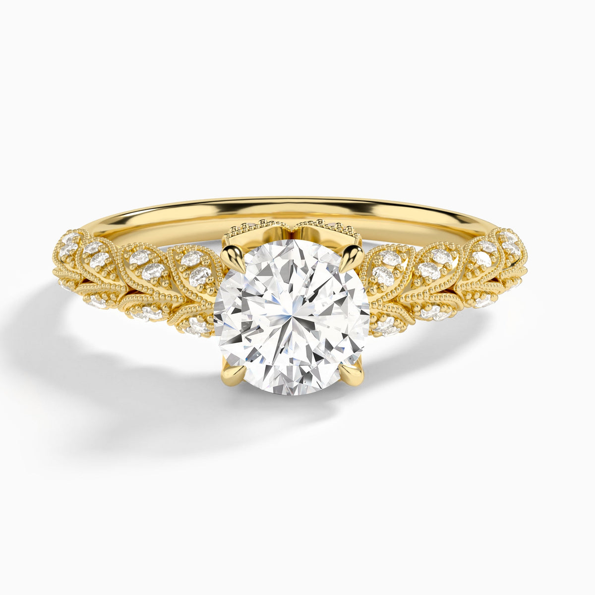 Round Laurel Diamond Engageemnt Ring In 18K Yellow Gold - Lucenjuri
