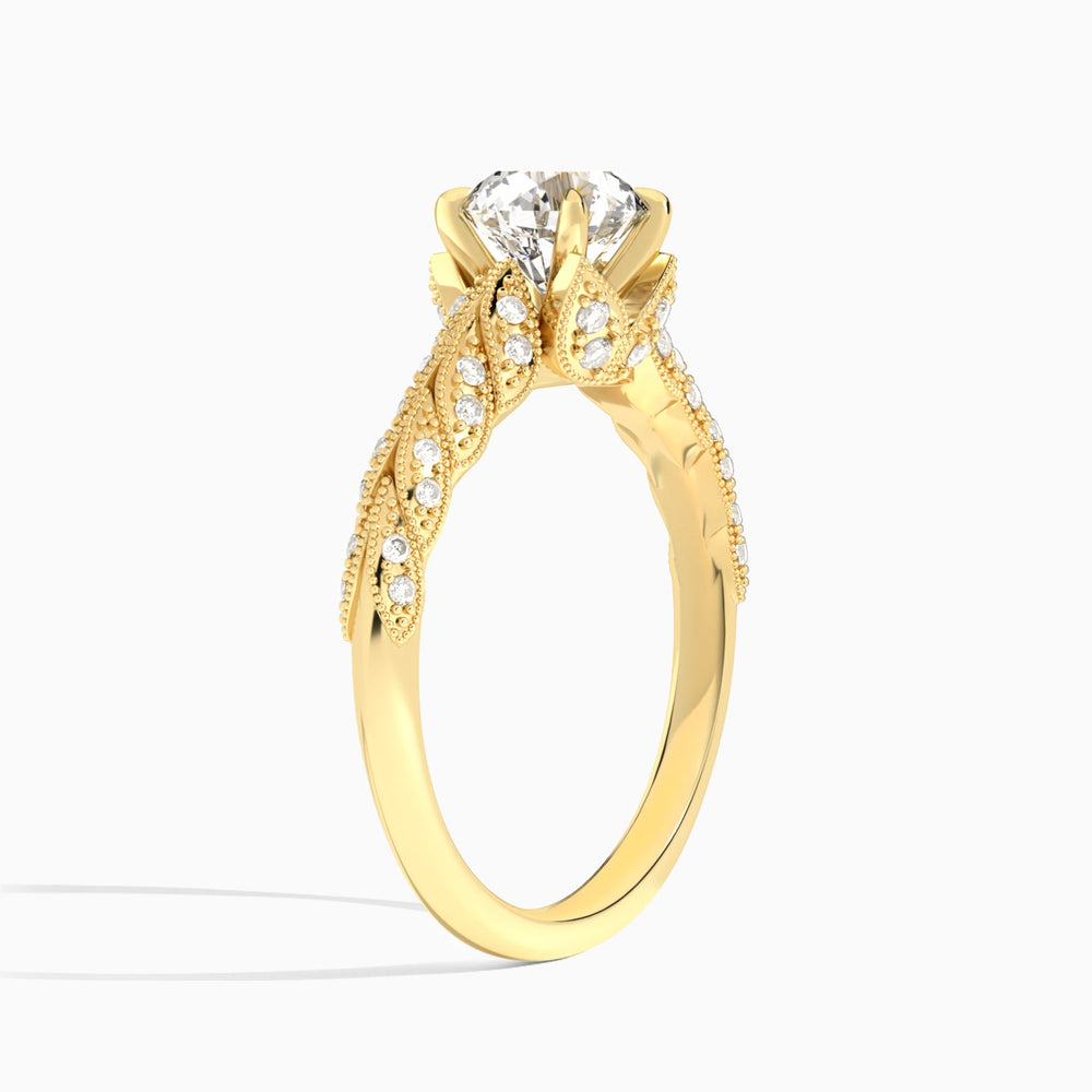 Round Laurel Diamond Engageemnt Ring In 14K Yellow Gold, Angle View