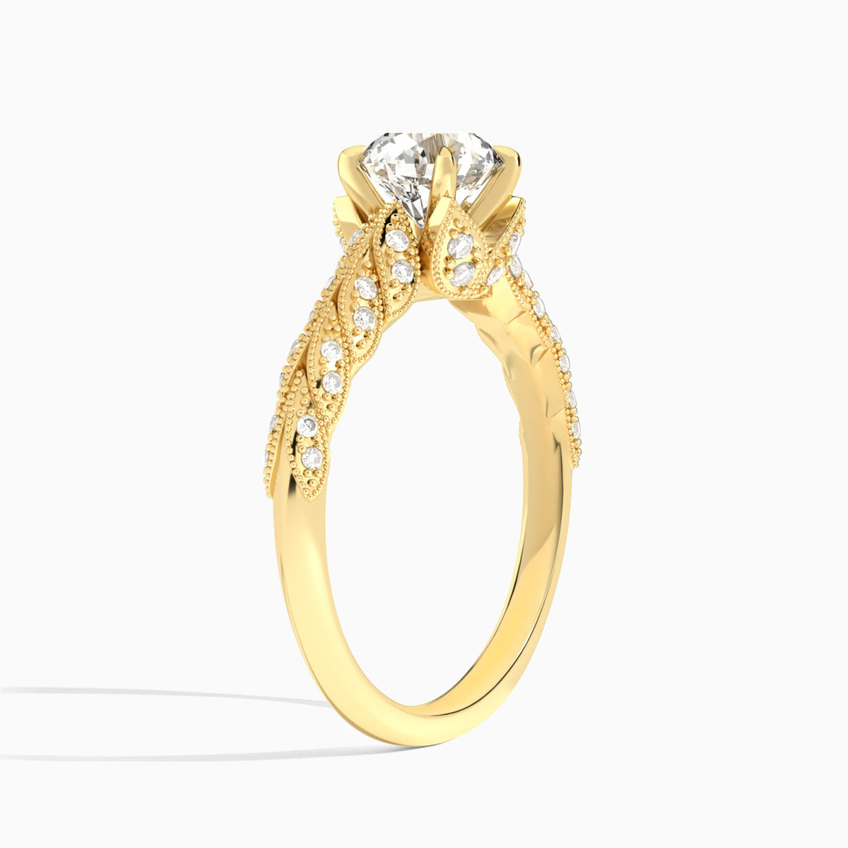 Round Laurel Diamond Engageemnt Ring In 18K Yellow Gold, Angle View