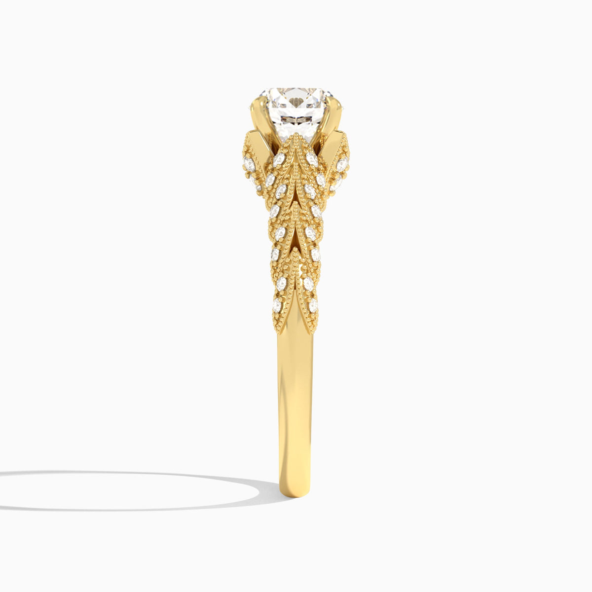 Round Laurel Diamond Engageemnt Ring In 14K Yellow Gold, Side View