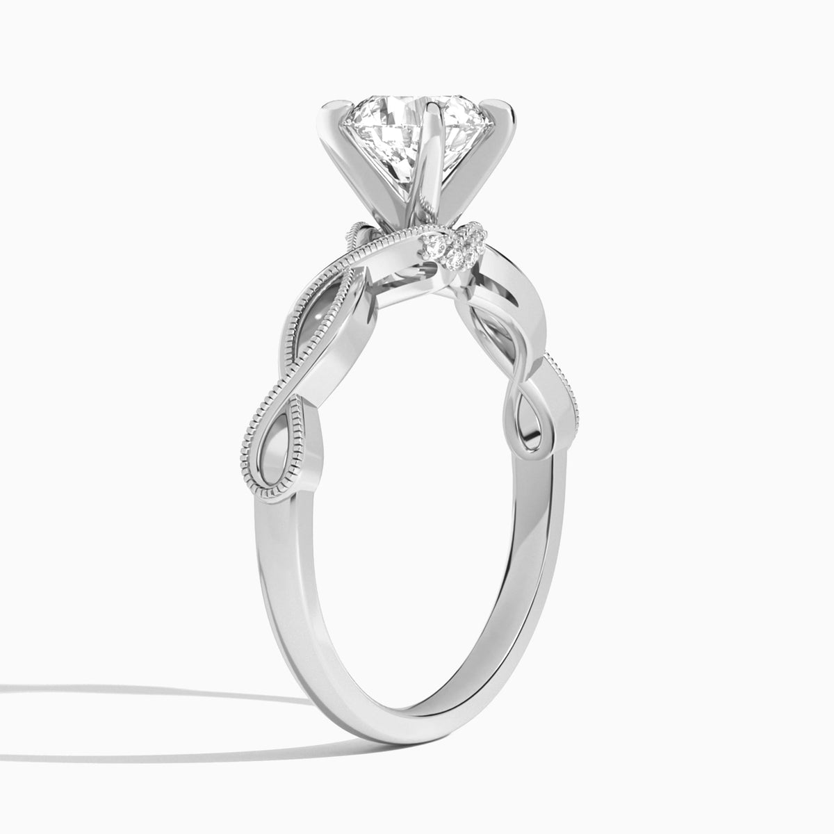 Round Petite Infinito Lab Diamond Engagement Ring In 14K White Gold, Angle View