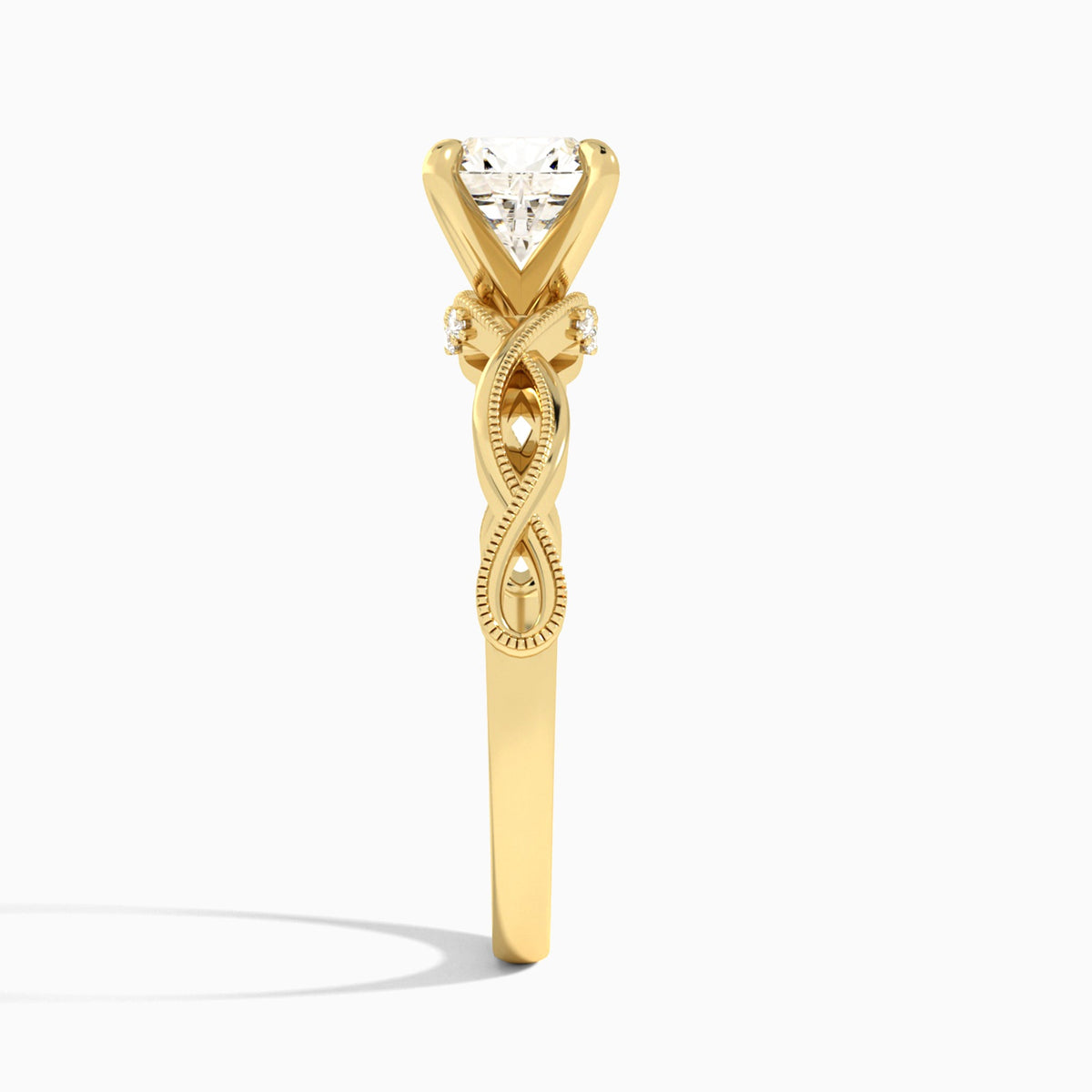 Cushion Petite Infinito Lab Diamond Engagement Ring In 14K Yellow Gold, Side View