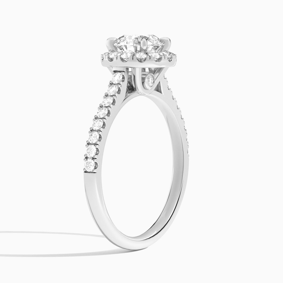 Round Gwendolyn Halo Lab Diamond Engagement Ring In 18K White Gold, Angle View
