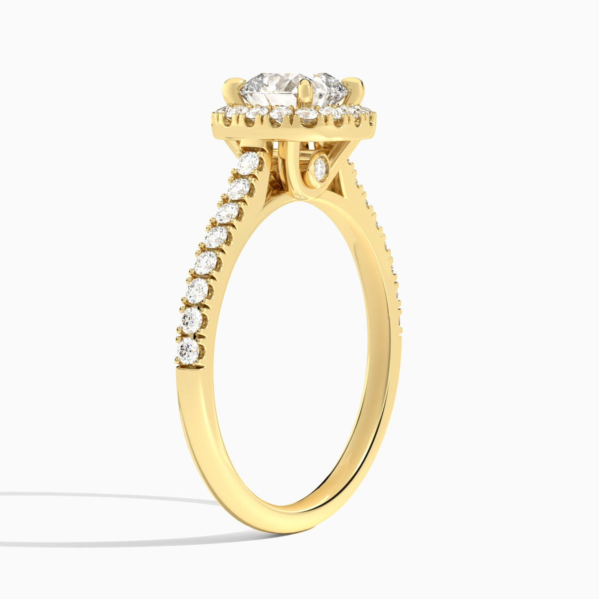 Cushion Gwendolyn Halo Lab Diamond Engagement Ring In 18K Yellow Gold, Angle View