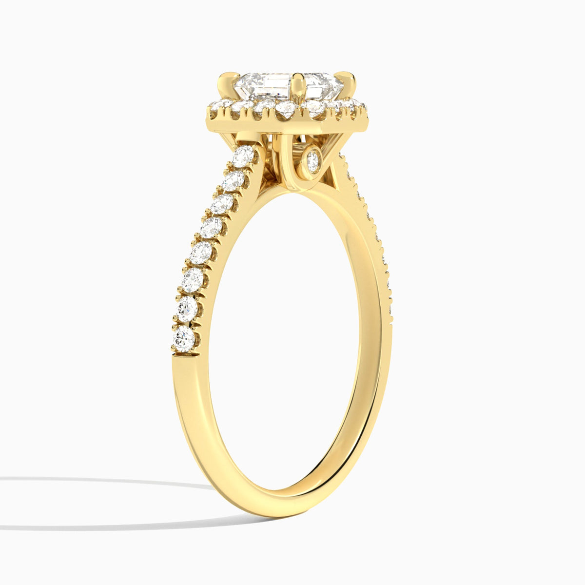 Emerald Gwendolyn Halo Lab Diamond Engagement Ring In 14K Yellow Gold, Angle View