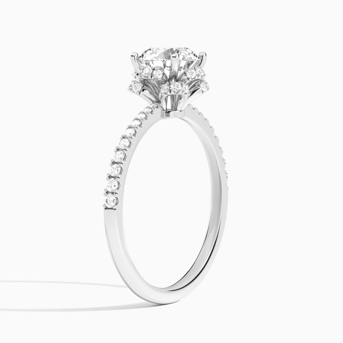 Round Dorothea Lab Grown Diamond Engagement Ring In Platinum, Angle View