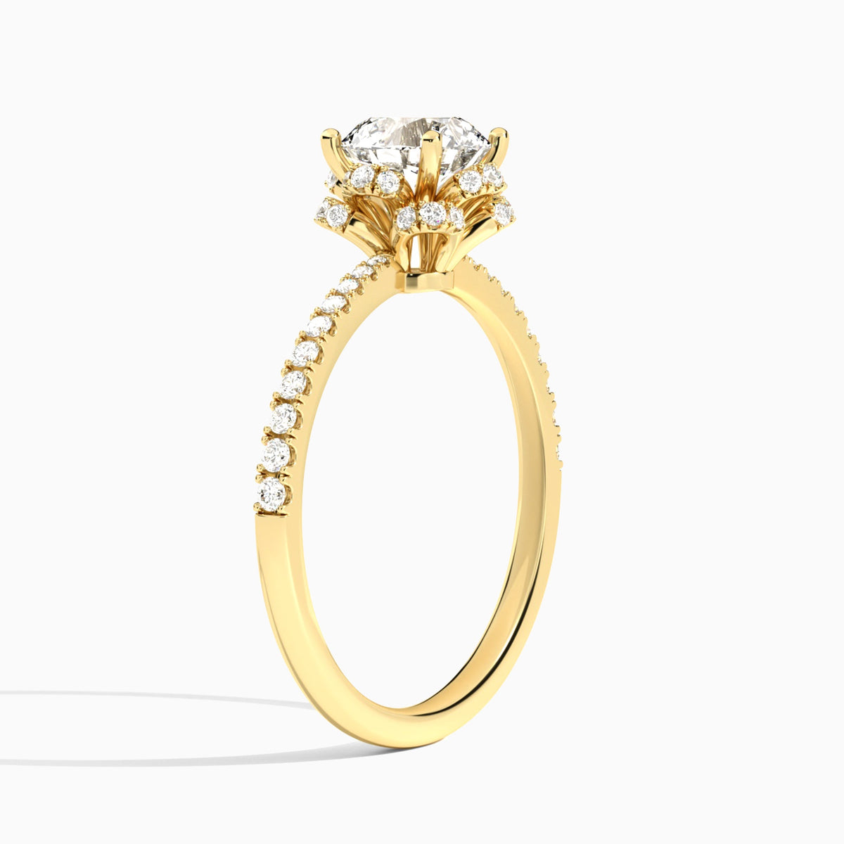 Round Dorothea Lab Grown Diamond Engagement Ring In 18K Yellow Gold, Angle View