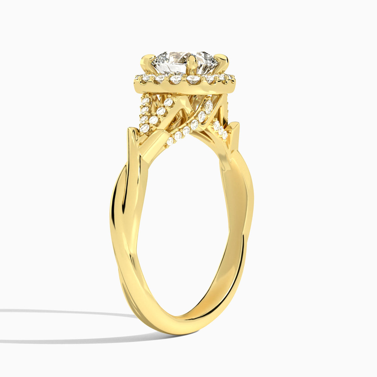 Cushion Luxe Victoria Lab Diamond Engagement Ring In 14K Yellow Gold, Angle View