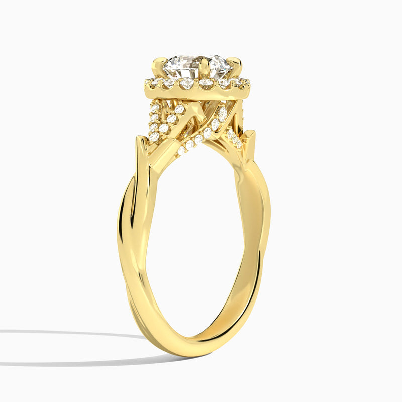 Round Luxe Victoria Lab Diamond Engagement Ring In 14K Yellow Gold, Angle View