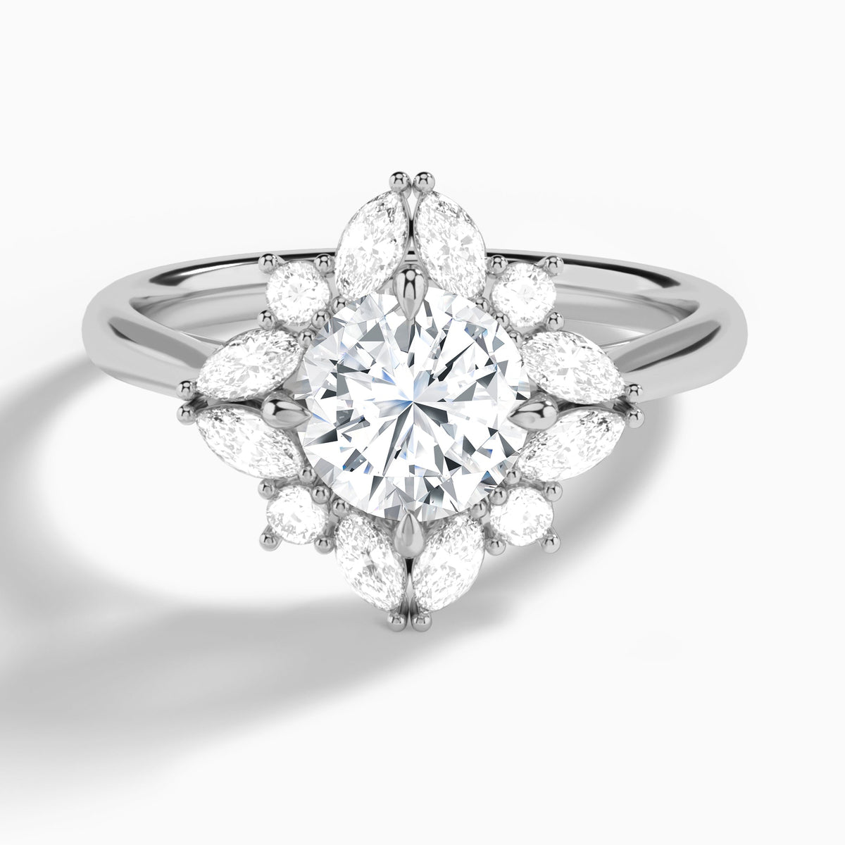 Round Dahlia Halo Lab Grown Diamond Engagement Ring In 18K White Gold - Lucenjuri