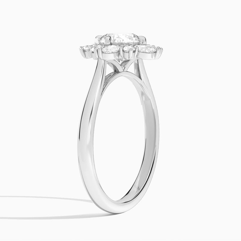 Round Dahlia Halo Lab Grown Diamond Engagement Ring In 14K White Gold, Angle View