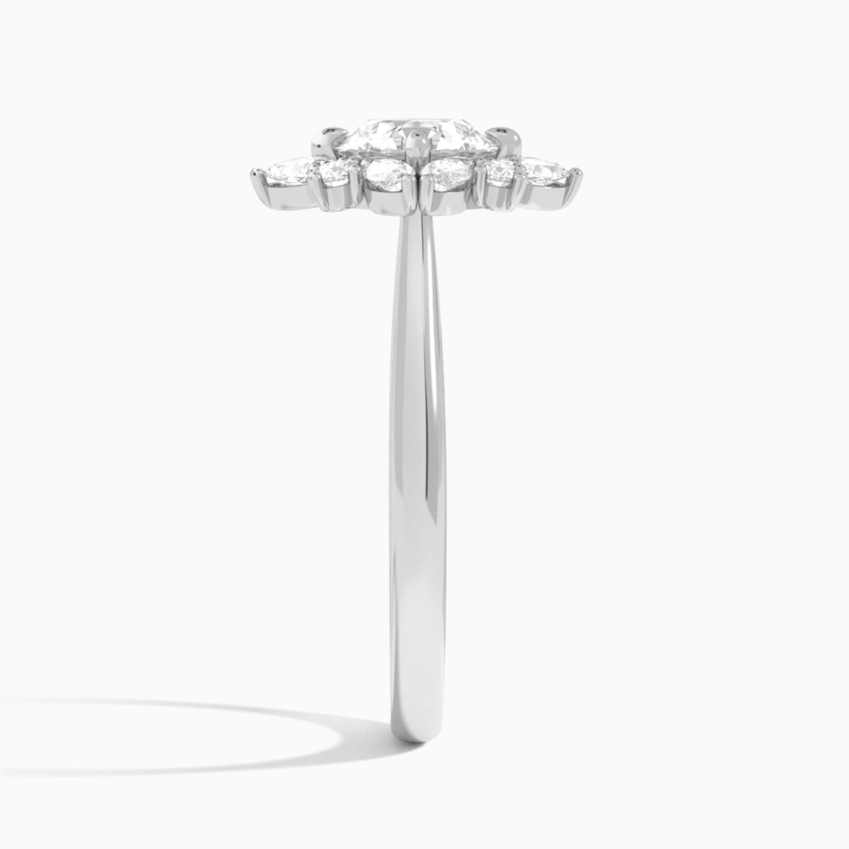 Round Dahlia Halo Lab Grown Diamond Engagement Ring In 18K White Gold, Side View