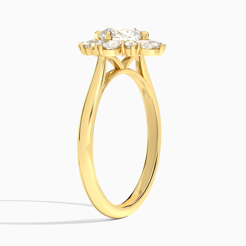 Cushion Dahlia Halo Lab Grown Diamond Engagement Ring In 18K Yellow Gold, Angle View