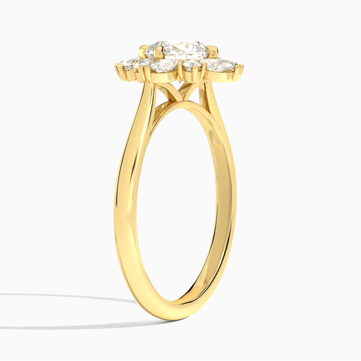 Cushion Dahlia Halo Lab Grown Diamond Engagement Ring In 18K Yellow Gold, Angle View