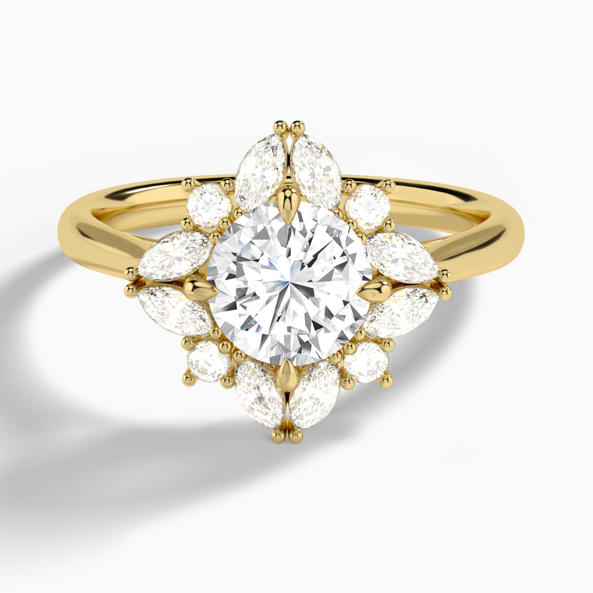 Round Dahlia Halo Lab Grown Diamond Engagement Ring In 18K Yellow Gold - Lucenjuri