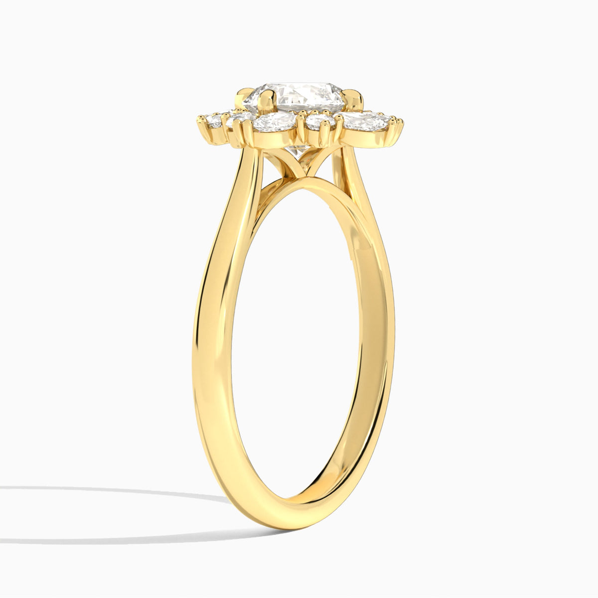 Round Dahlia Halo Lab Grown Diamond Engagement Ring In 18K Yellow Gold, Angle View