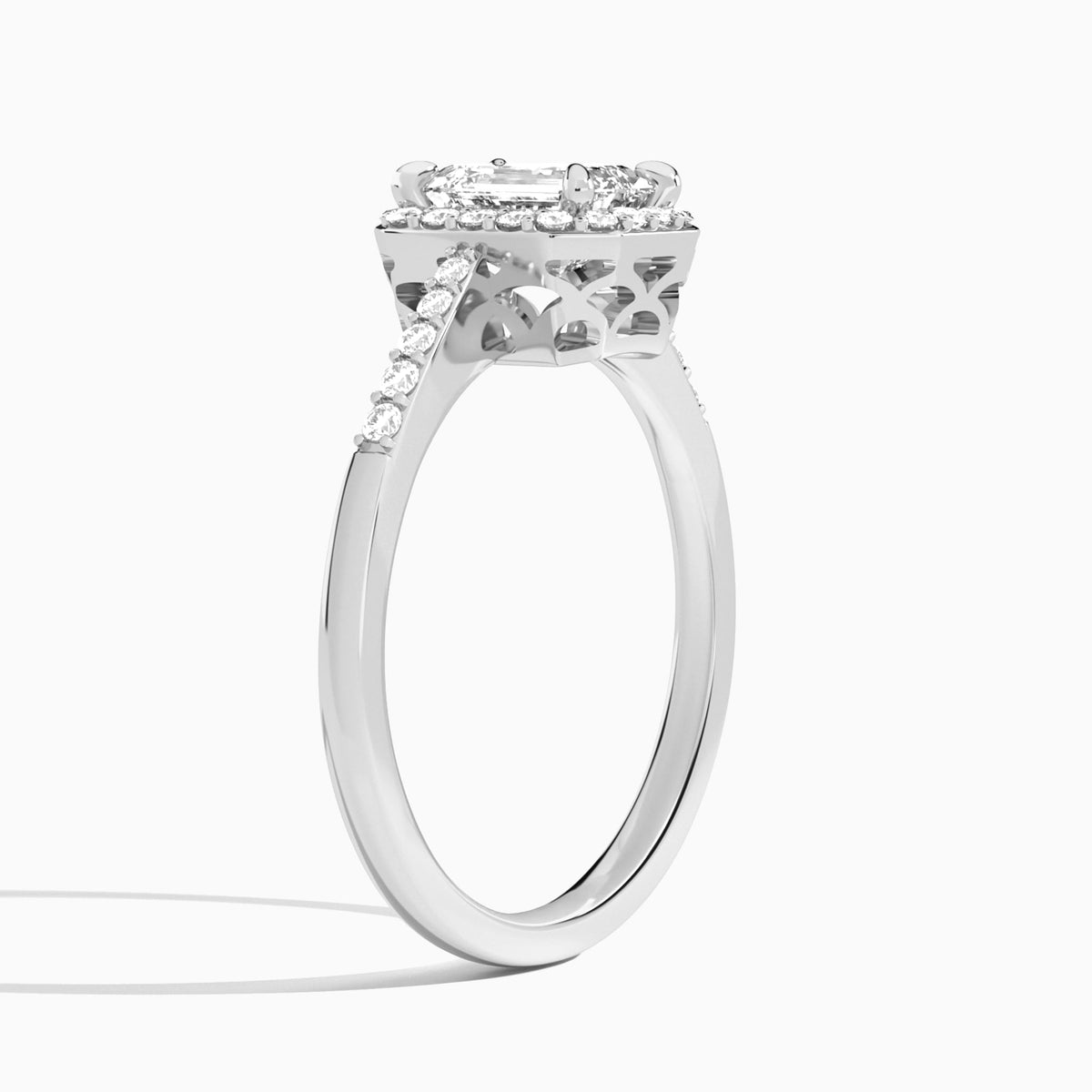 Emerald Sovereign Charm Halo Lab Diamond Engagement Ring In Platinum, Angle View