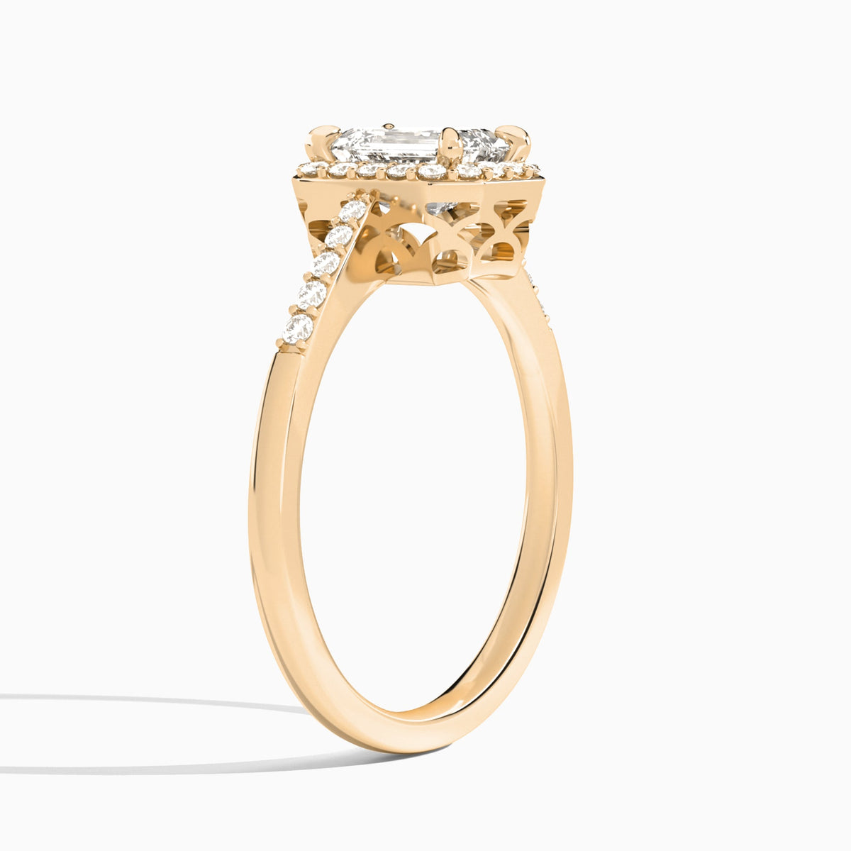 Emerald Sovereign Charm Halo Lab Diamond Engagement Ring In 14K Rose Gold, Angle View