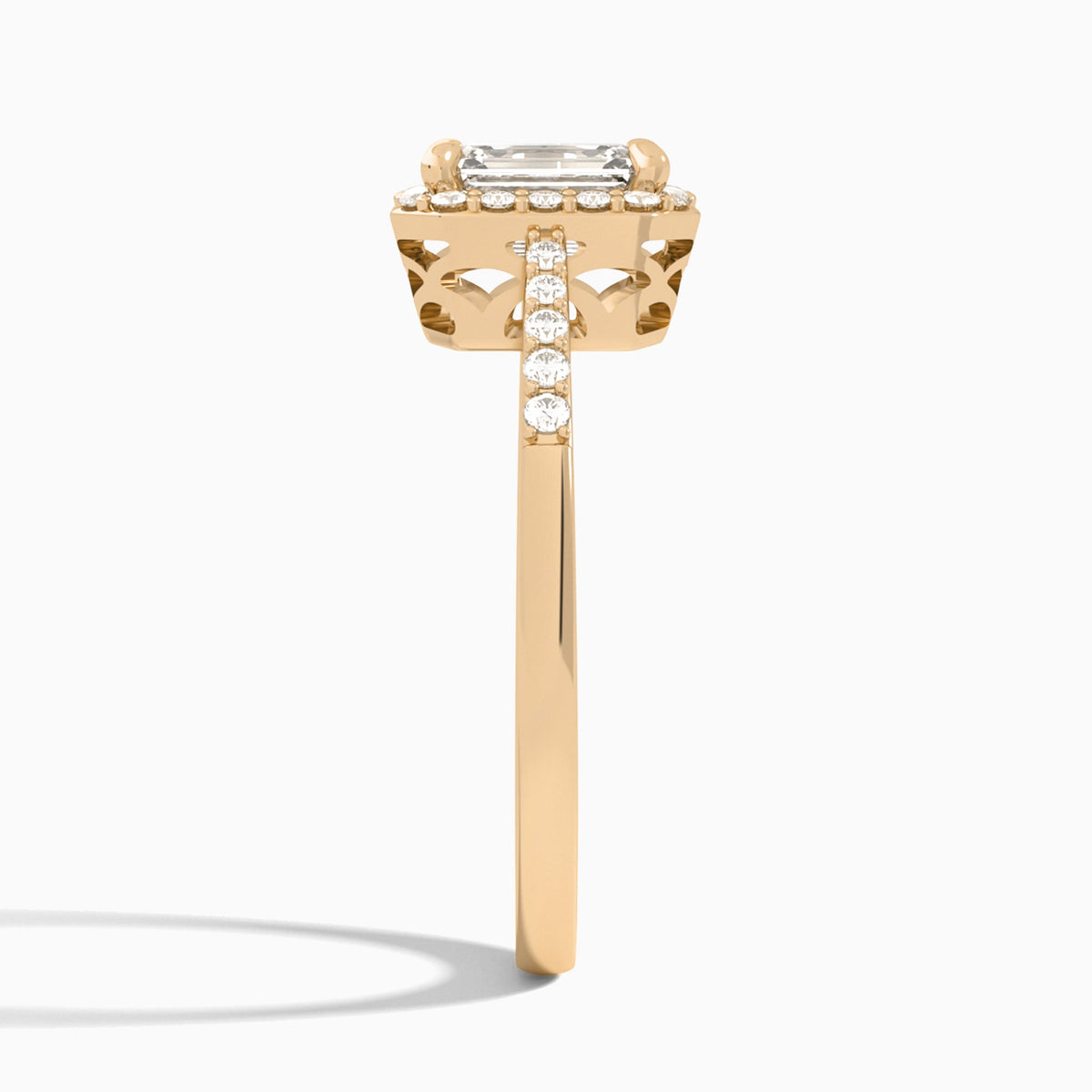 Emerald Sovereign Charm Halo Lab Diamond Engagement Ring In 14K Rose Gold, Side View