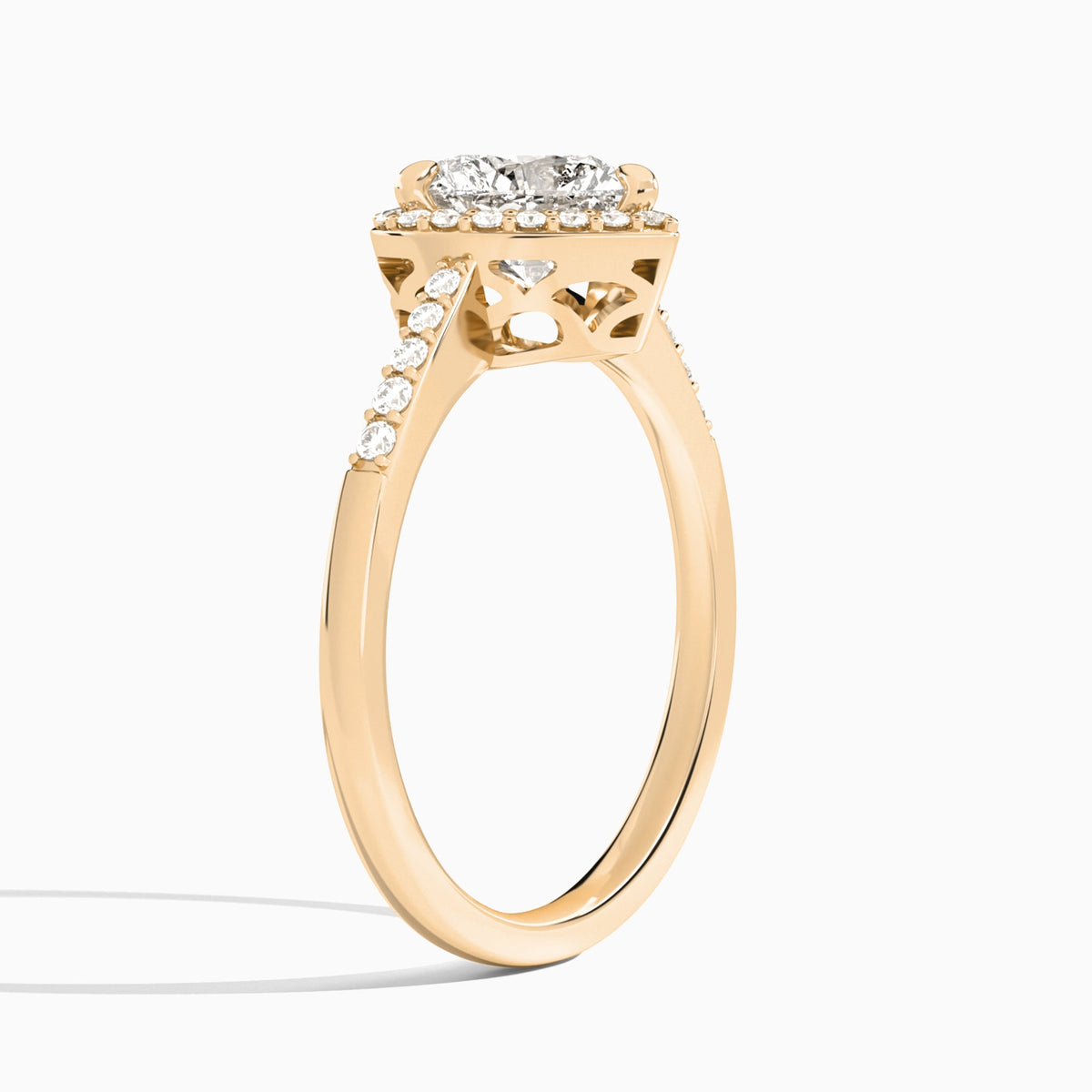 Heart Sovereign Charm Halo Lab Diamond Engagement Ring In 14K Rose Gold, Angle View