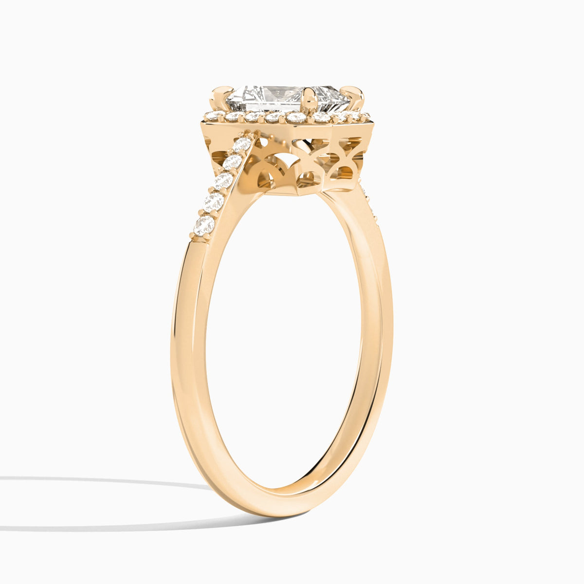 Radiant Sovereign Charm Halo Lab Diamond Engagement Ring In 14K Rose Gold, Angle View