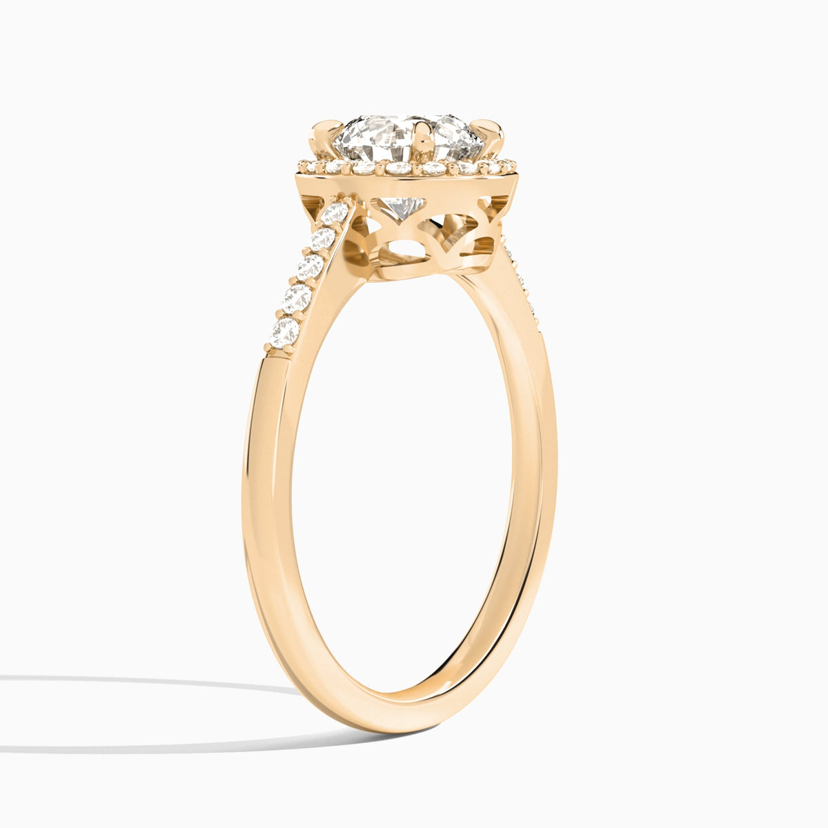 Round Sovereign Charm Halo Lab Diamond Engagement Ring In 14K Rose Gold, Angle View