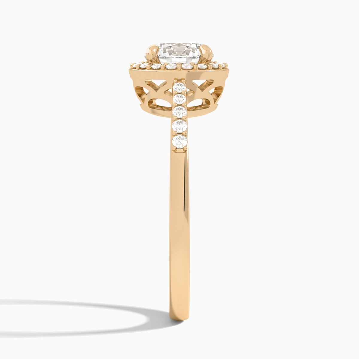 Round Sovereign Charm Halo Lab Diamond Engagement Ring In 14K Rose Gold, Side View