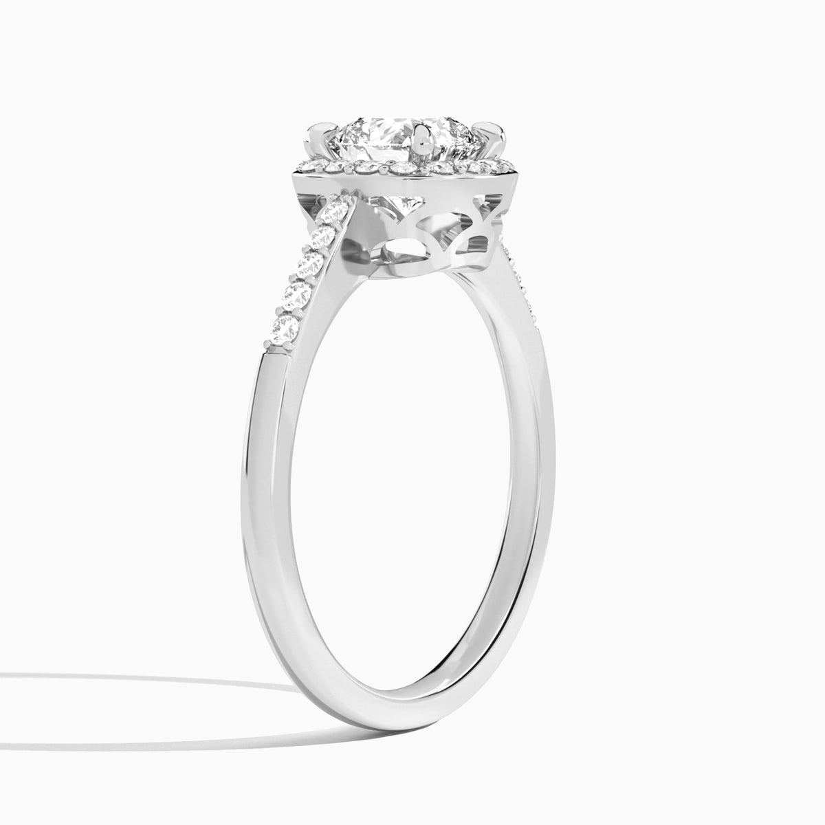 Cushion Sovereign Charm Halo Lab Diamond Engagement Ring In 14K White Gold, Angle View
