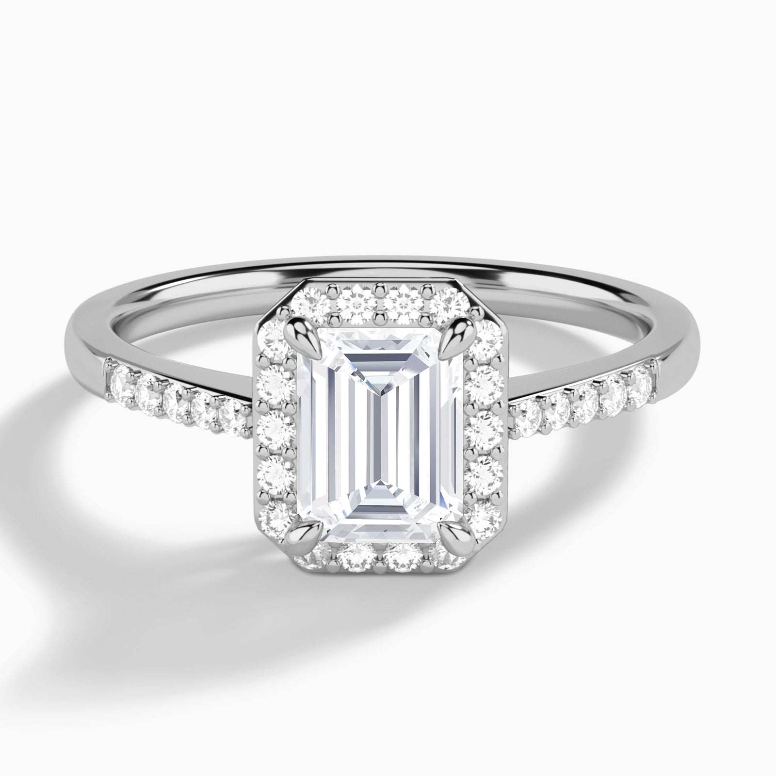 Emerald Sovereign Charm Halo Lab Diamond Engagement Ring In 18K White Gold - Lucenjuri