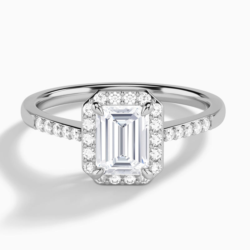 Emerald Sovereign Charm Halo Lab Diamond Engagement Ring In 14K White Gold