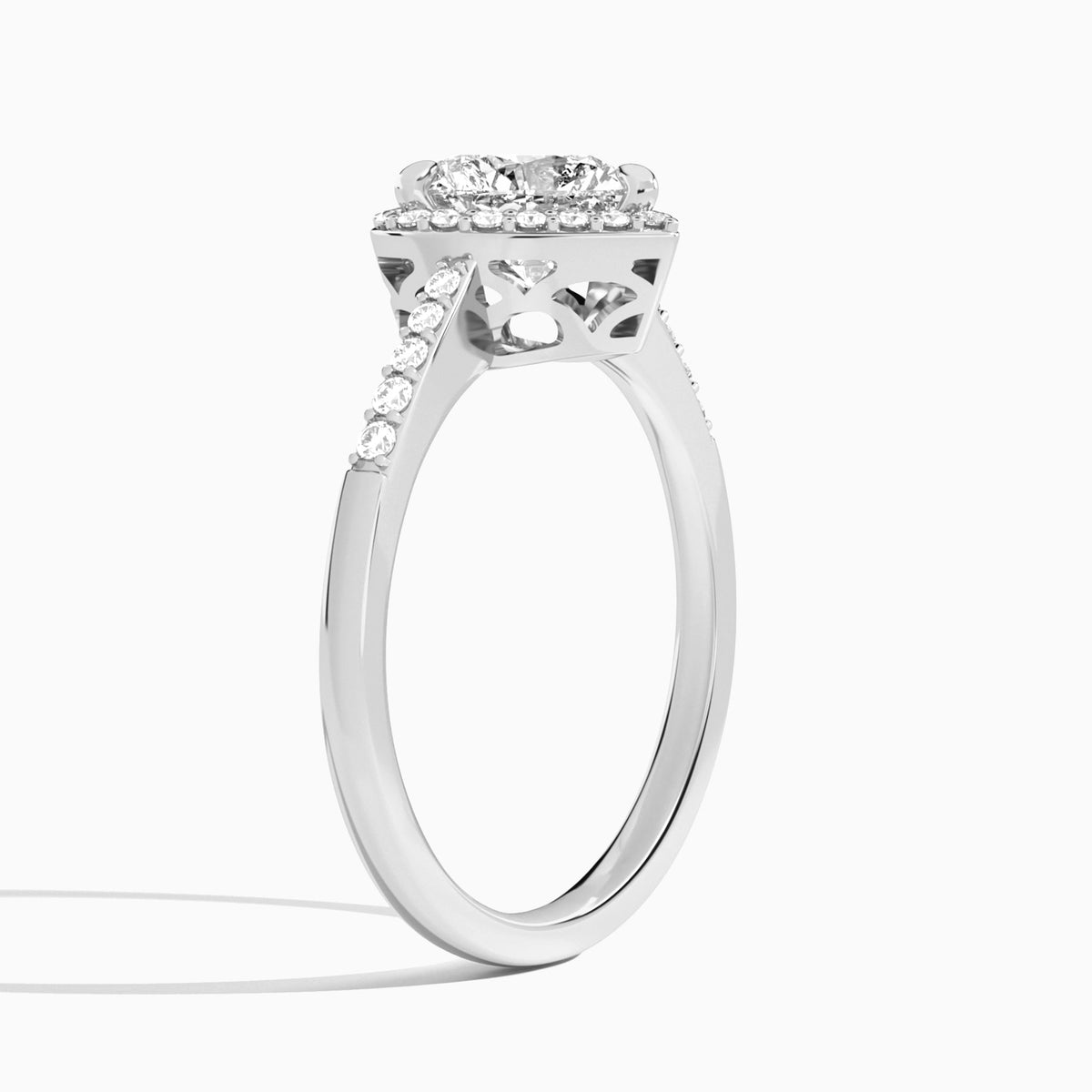 Heart Sovereign Charm Halo Lab Diamond Engagement Ring In 18K White Gold, Angle View