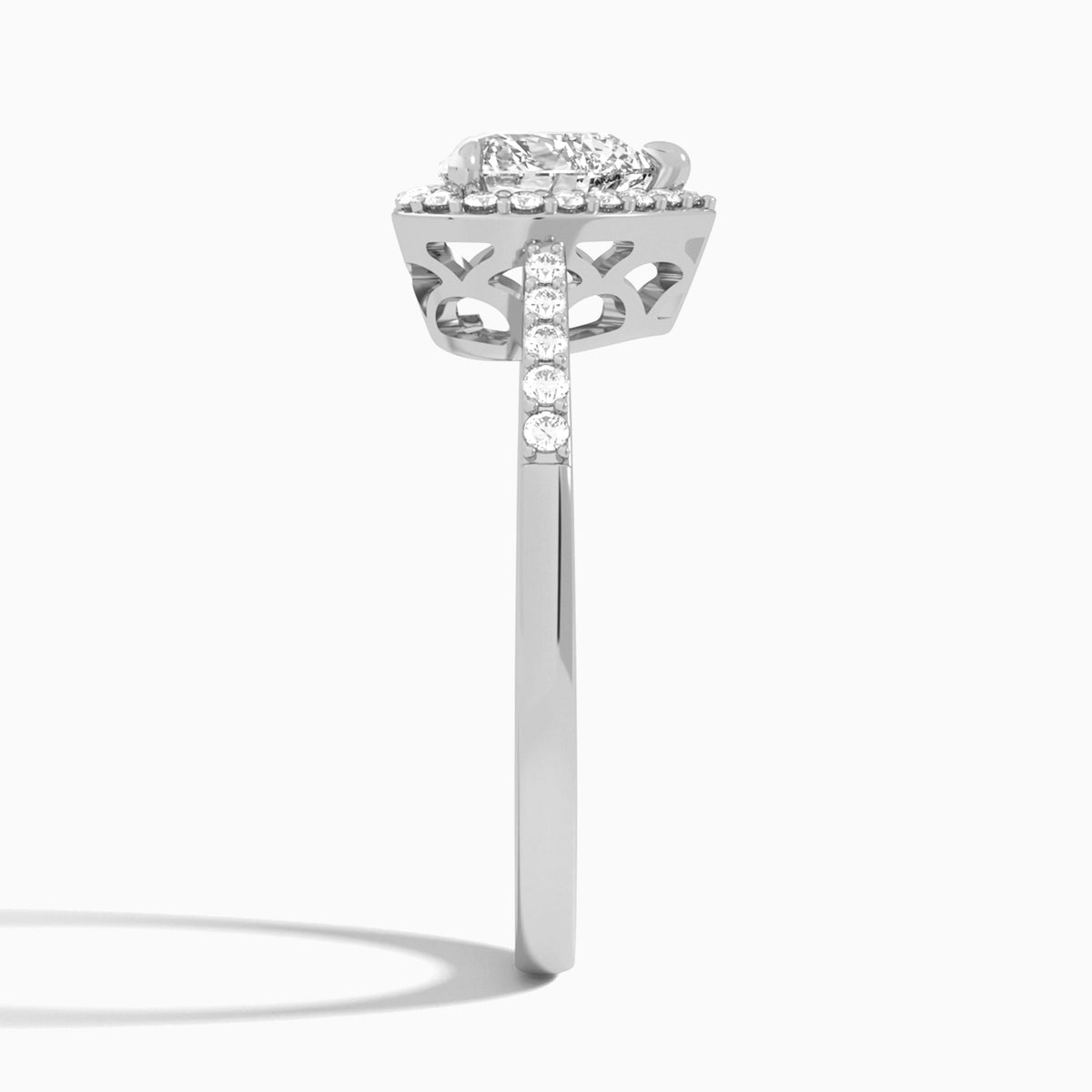 Heart Sovereign Charm Halo Lab Diamond Engagement Ring In 18K White Gold, Side View