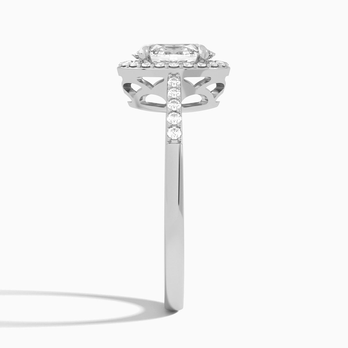 Oval Sovereign Charm Halo Lab Diamond Engagement Ring In 14K White Gold, Side View