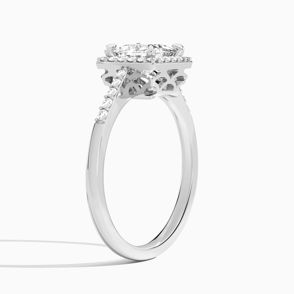 Princess Sovereign Charm Halo Lab Diamond Engagement Ring In 18K White Gold, Angle View