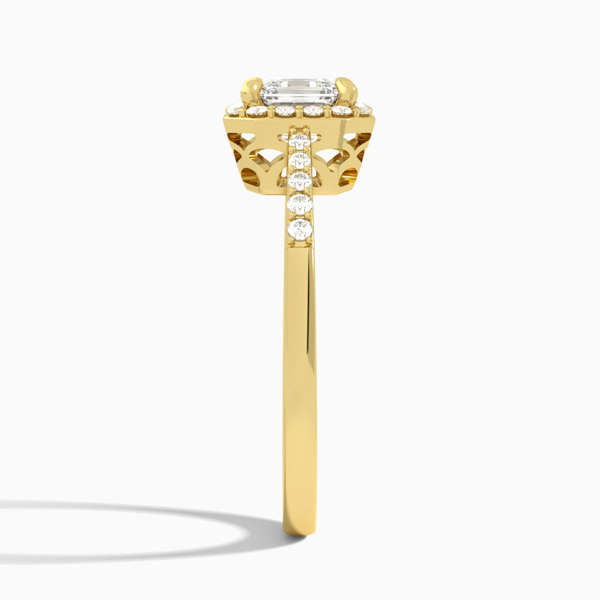 Asscher Sovereign Charm Halo Lab Diamond Engagement Ring In 18K Yellow Gold, Side View